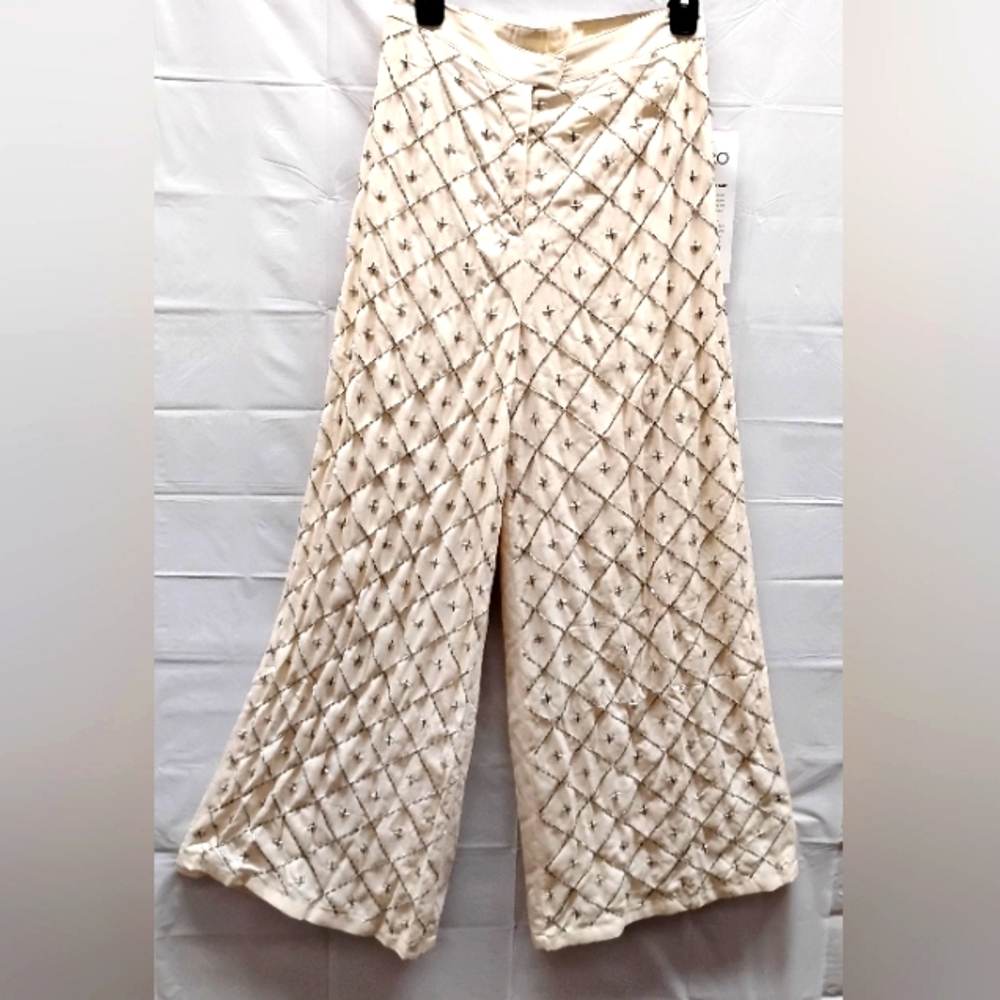 Ashro Glitzy Bead Embellished Wide Leg Palazzo Pants Cream W/ Silver Beads Sz 12
